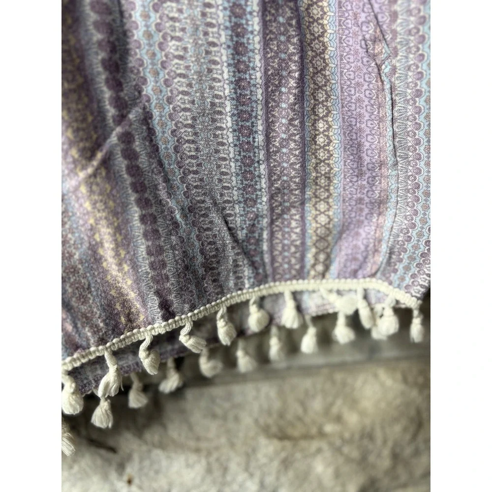 Rewash Womens Boho Linen Blend Tassel Trim‎ Shorts Purple Blue Geometric XL